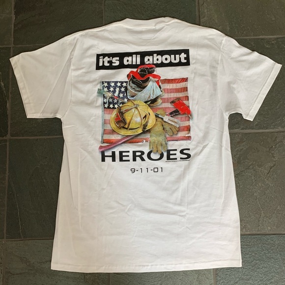 9-11-01 It’s All About Heroes 100% Cotton T-shirt NEW - Picture 1 of 8